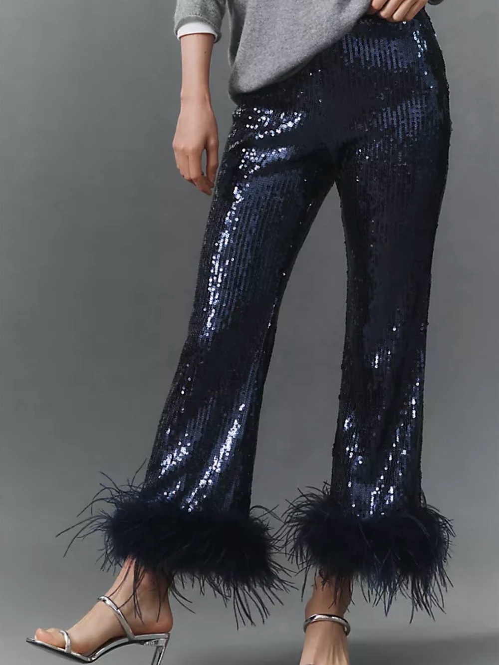 Anthropologie Navy Sequin Feather-Hem Cropped Pants